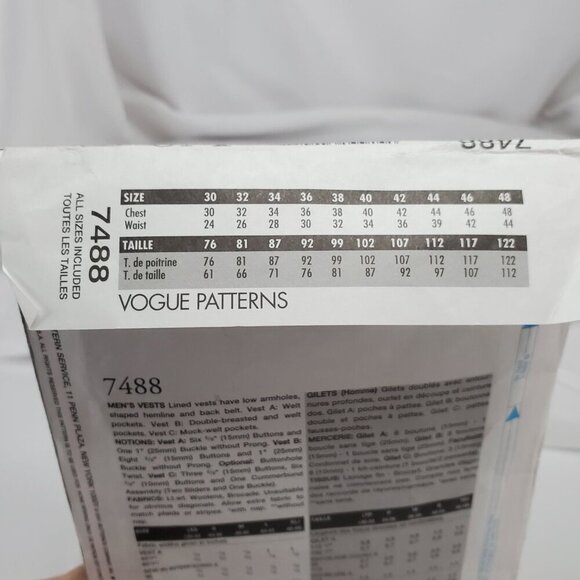 Vogue Accessories 7488 Mens Vest Sewing Pattern  XS-XL multi styles UNCUT - Picture 3 of 11